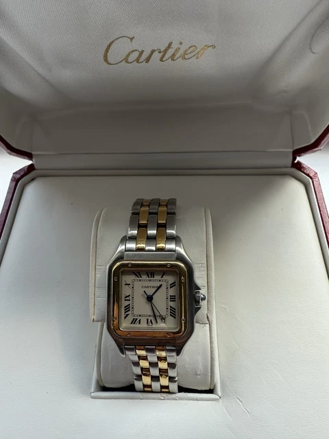Montre unisexe vintage Panthère de Cartier 27 mm en acier et or à deux rangs, avec boîte et papiers