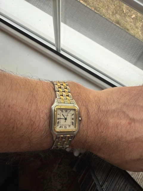 Montre unisexe vintage Panthère de Cartier 27 mm en acier et or à deux rangs, avec boîte et papiers – Image 3